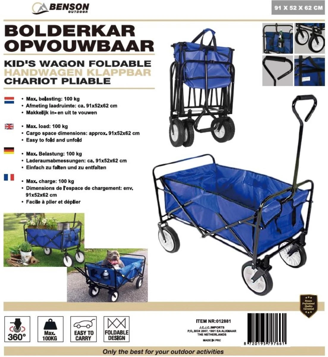 Benson Opvouwbare Bolderkar - 91x52x62 Cm - Max 100 Kg - Blauw 2 Benson Opvouwbare Bolderkar - 91x52x62 Cm - Max 100 Kg - Blauw - Image 2