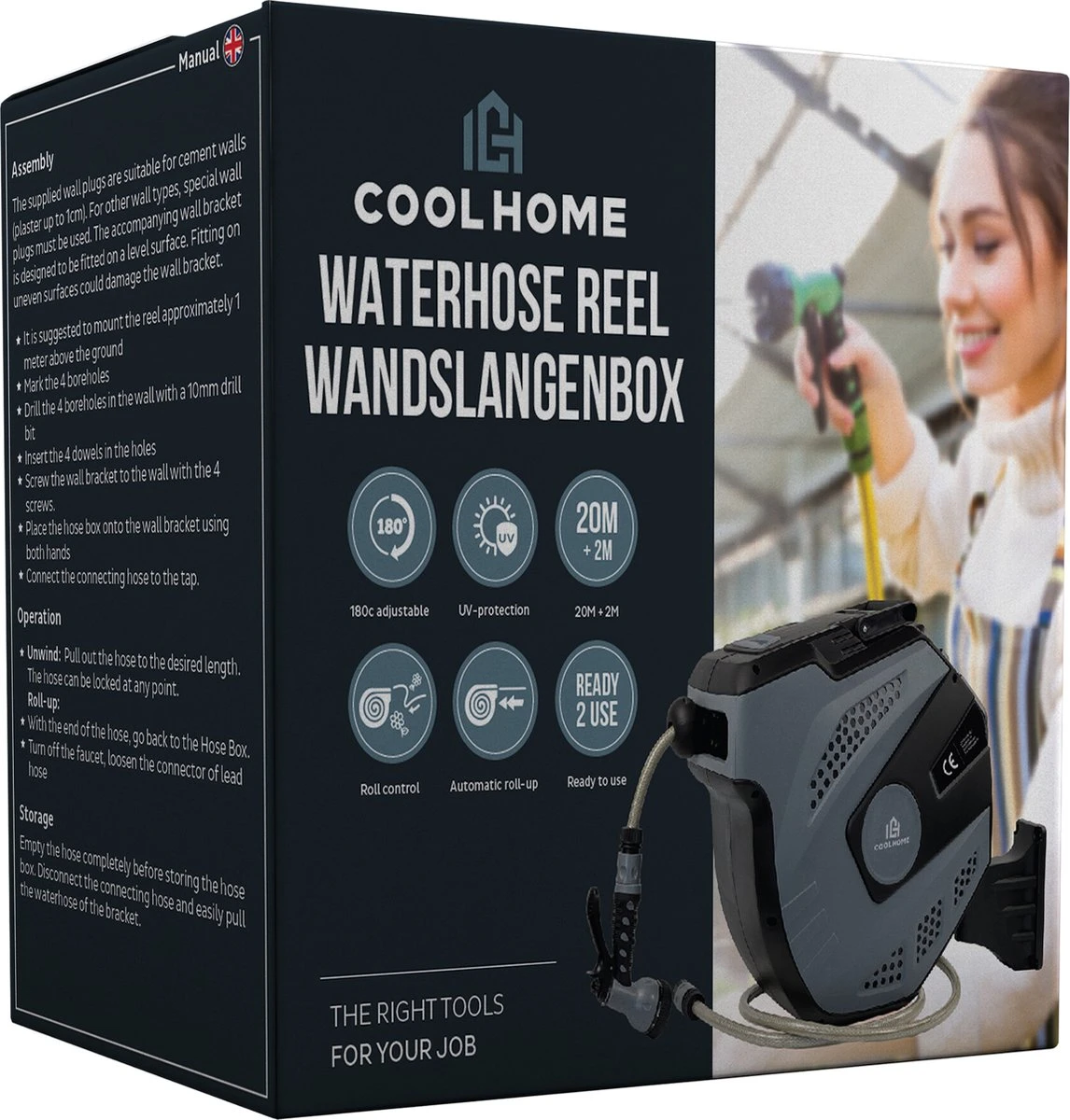 CoolHome - Wandslangenbox 20 Meter + 2 Meter - Tuinslang Met Haspel- Slangenhouder 180° Draaibaar - Tuinslanghaspel Zwart - Grijs 9 CoolHome - Wandslangenbox 20 Meter + 2 Meter - Tuinslang Met Haspel- Slangenhouder 180° Draaibaar - Tuinslanghaspel Zwart - Grijs - Image 9