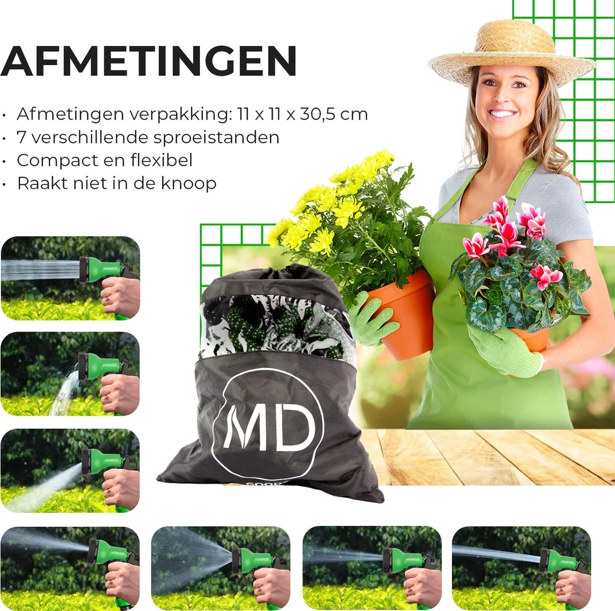 Uitrekbare Tuinslang Tot 15 Meter Van MD-goods ® - Tuinsproeier - Tuin Besproeien - Waterslang - Sproeikop - Groen - Flexibel Elastisch 4 Uitrekbare Tuinslang Tot 15 Meter Van MD-goods ® - Tuinsproeier - Tuin Besproeien - Waterslang - Sproeikop - Groen - Flexibel Elastisch - Image 4
