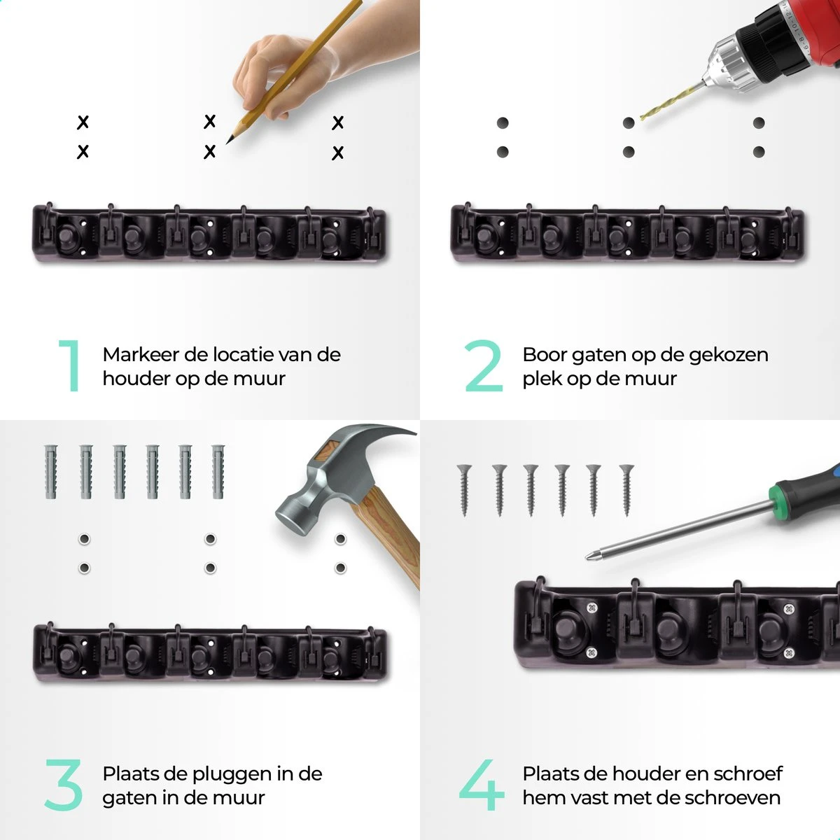 CLEANLY® Bezemhouder - Ophangsysteem Voor Tuingereedschap - Bezem Ophangsysteem - Gereedschapshouder Met Ophanghaken - ABS 2 CLEANLY® Bezemhouder - Ophangsysteem Voor Tuingereedschap - Bezem Ophangsysteem - Gereedschapshouder Met Ophanghaken - ABS - Image 2